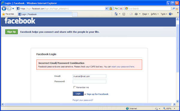 Facebook login window. Incorrect email/password combination