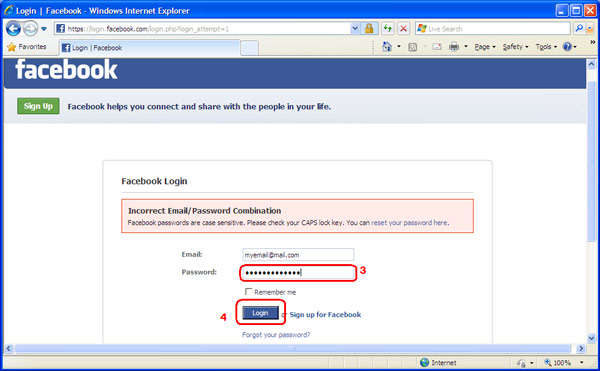 Facebook login window. Incorrect email/password 