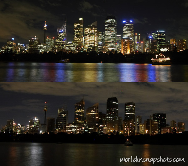Sydney CBD before and during Earth Hour
